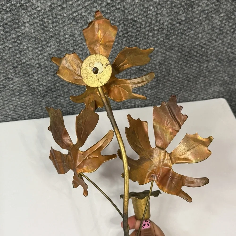 VINTAGE BRASS COPPER MAPLE LEAF SCONCE CANDLE HOLDER MCM